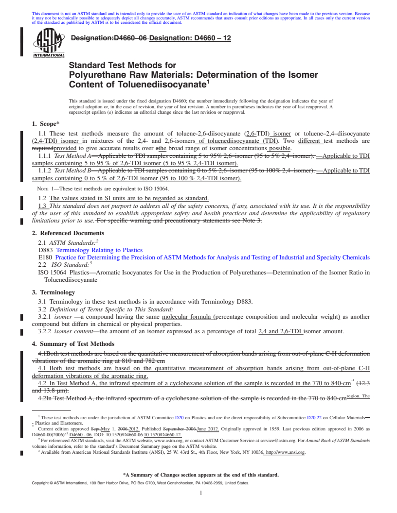 REDLINE ASTM D4660-12 - Standard Test Methods for Polyurethane Raw Materials: Determination of the Isomer Content of Toluenediisocyanate