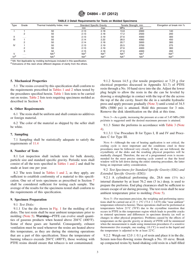 ASTM D4894-07(2012) - Standard Specification for Polytetrafluoroethylene (PTFE) Granular Molding and Ram Extrusion Materials