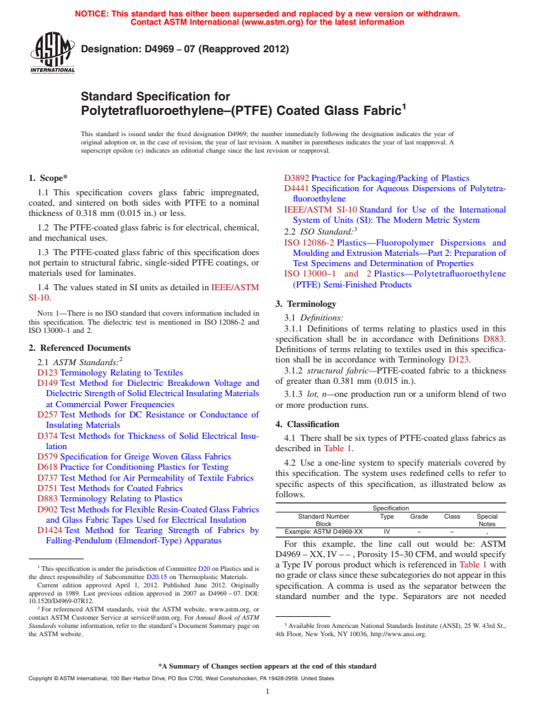 ASTM D4969-07(2012) - Standard Specification for  Polytetrafluoroethylene&ndash;(PTFE) Coated Glass Fabric