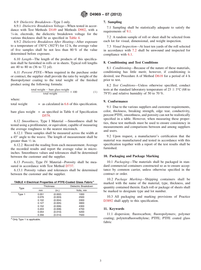 ASTM D4969-07(2012) - Standard Specification for  Polytetrafluoroethylene&ndash;(PTFE) Coated Glass Fabric