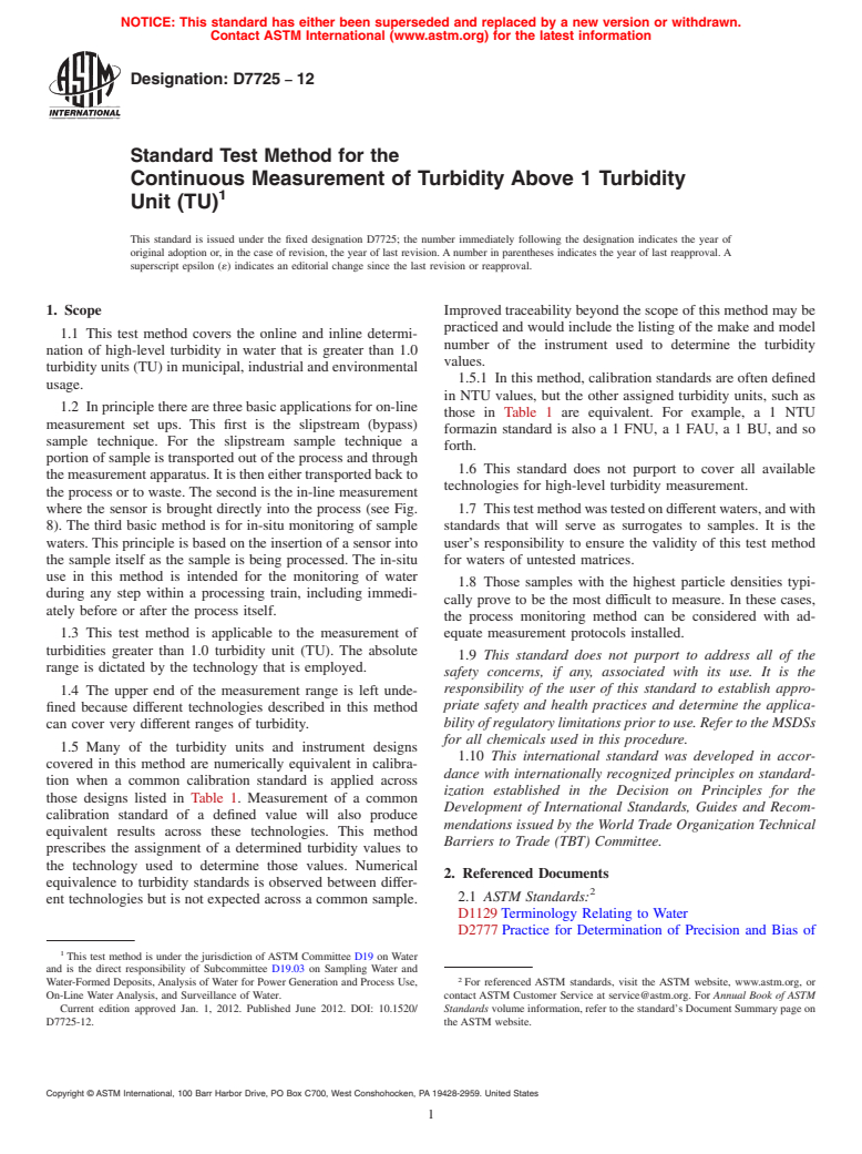 ASTM D7725-12 - Standard Test Method for the Continuous Measurement of Turbidity Above 1 Turbidity Unit (TU)