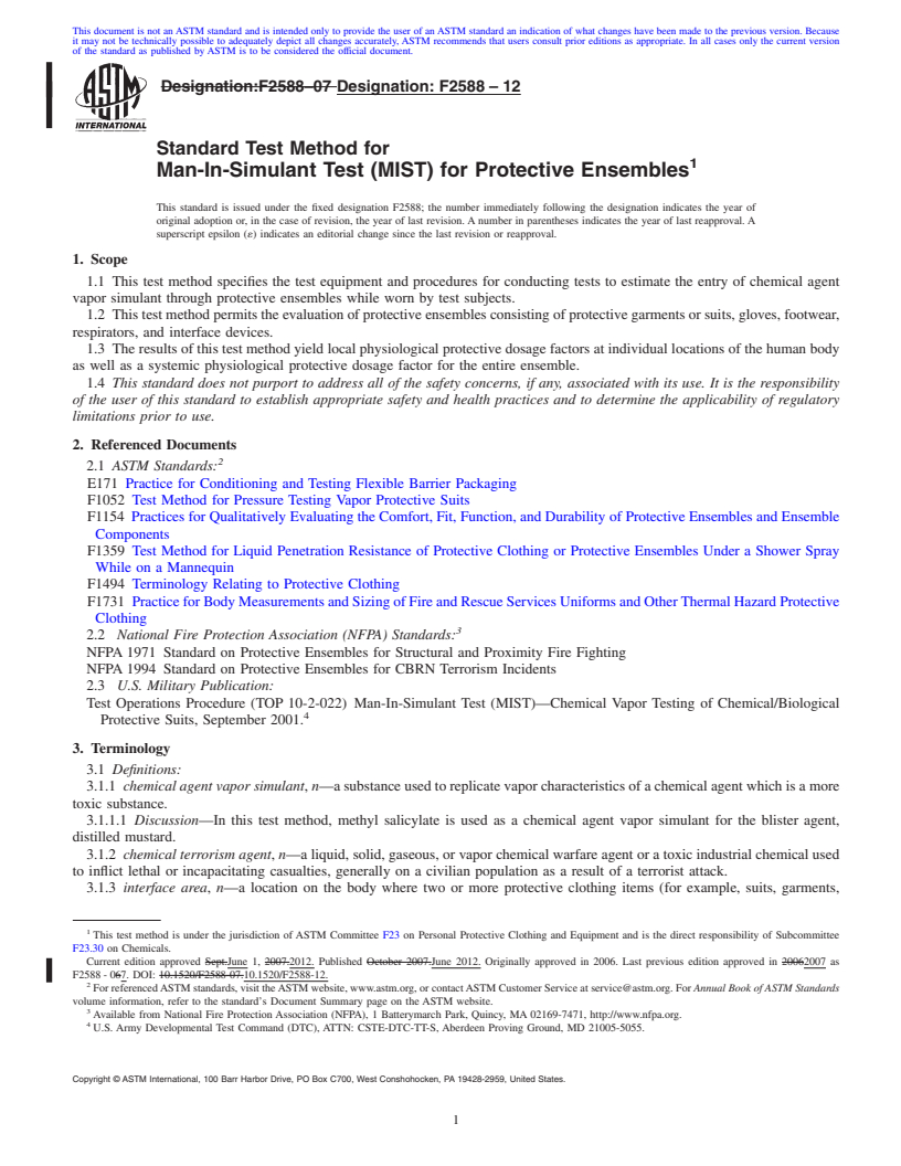 REDLINE ASTM F2588-12 - Standard Test Method for Man-In-Simulant Test (MIST) for Protective Ensembles