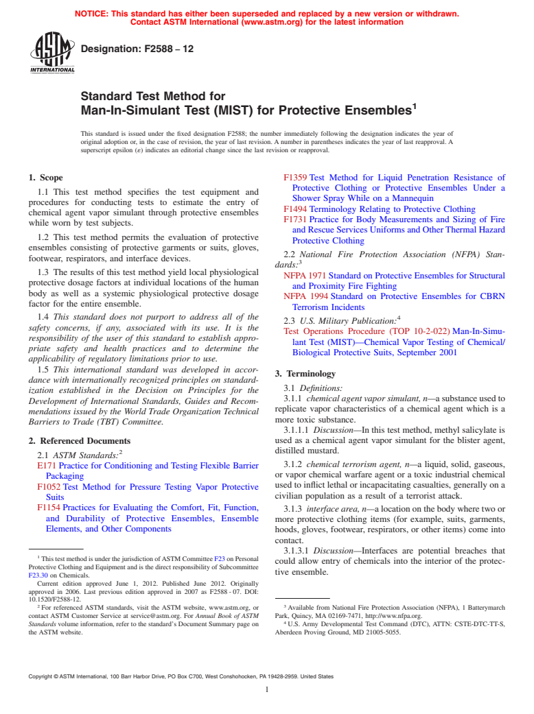 ASTM F2588-12 - Standard Test Method for Man-In-Simulant Test (MIST) for Protective Ensembles