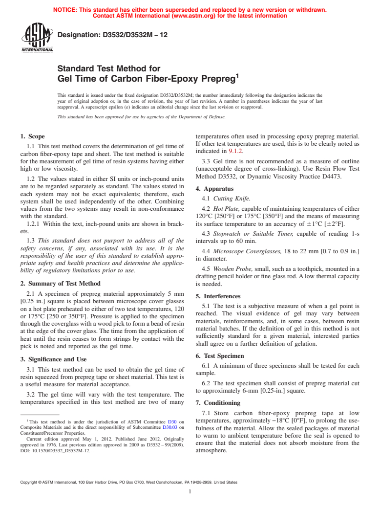 ASTM D3532/D3532M-12 - Standard Test Method for Gel Time of Carbon Fiber-Epoxy Prepreg