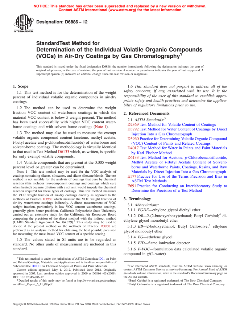 ASTM D6886-12 - Standard Test Method for Determination of the Individual Volatile Organic Compounds (VOCs) in Air-Dry Coatings by Gas Chromatography
