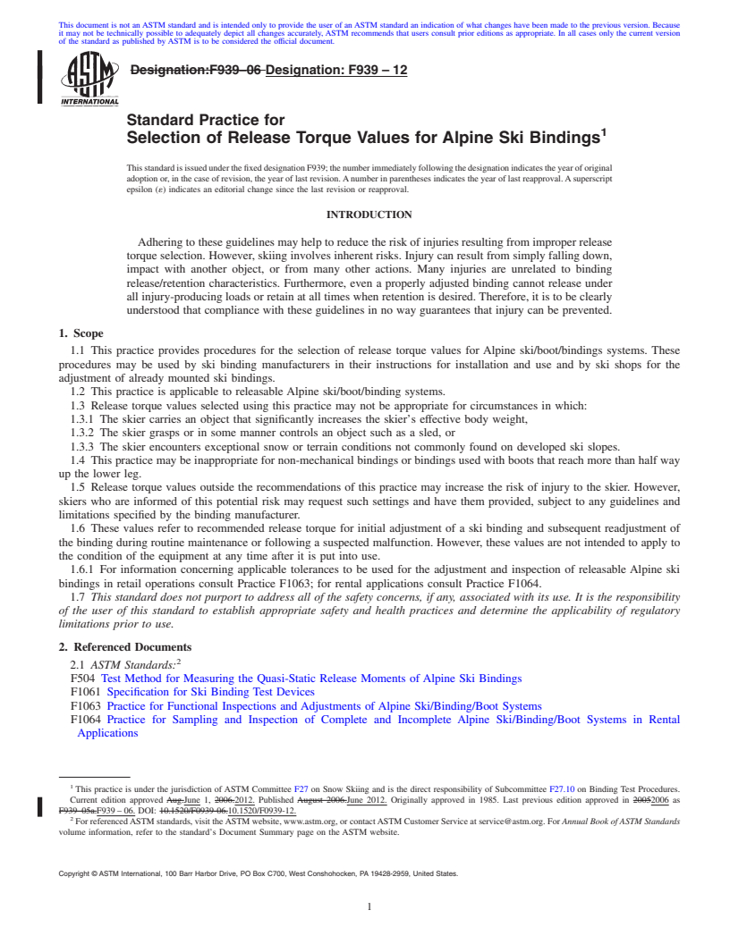 REDLINE ASTM F939-12 - Standard Practice for Selection of Release Torque Values for Alpine Ski Bindings