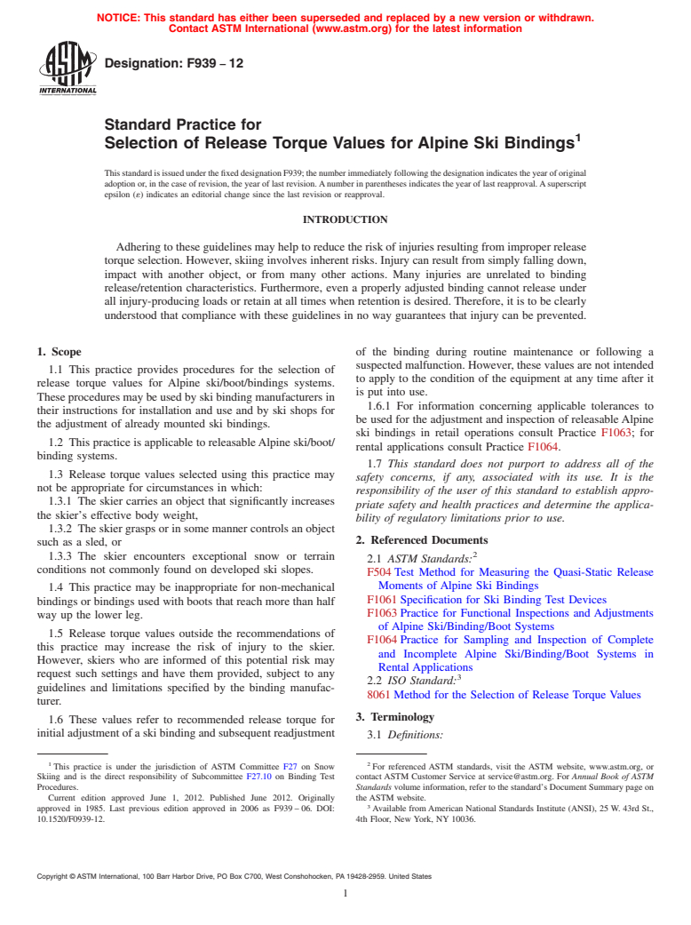 ASTM F939-12 - Standard Practice for Selection of Release Torque Values for Alpine Ski Bindings