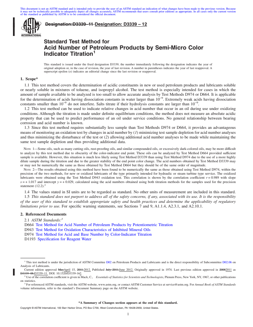 REDLINE ASTM D3339-12 - Standard Test Method for Acid Number of Petroleum Products by Semi-Micro Color Indicator Titration