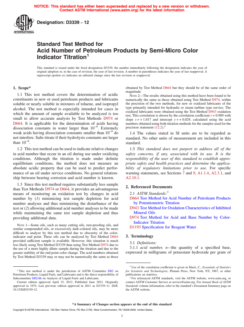 ASTM D3339-12 - Standard Test Method for Acid Number of Petroleum Products by Semi-Micro Color Indicator Titration