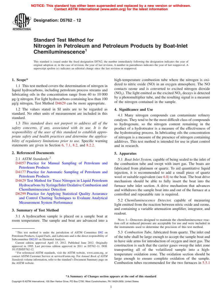 ASTM D5762-12 - Standard Test Method for Nitrogen in Petroleum and Petroleum Products by Boat-Inlet Chemiluminescence