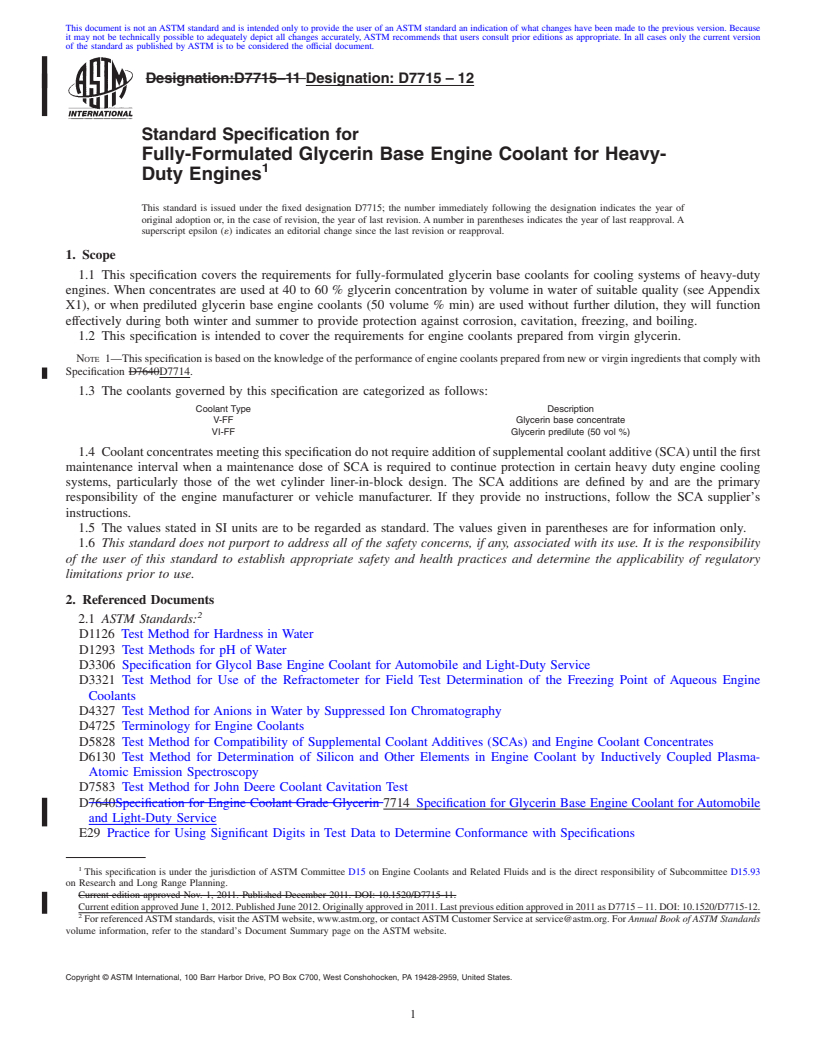 REDLINE ASTM D7715-12 - Standard Specification for Fully-Formulated Glycerin Base Engine Coolant for Heavy-Duty Engines