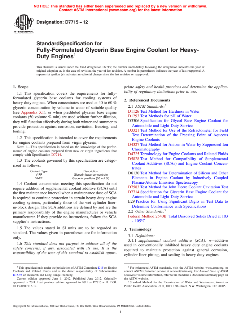 ASTM D7715-12 - Standard Specification for Fully-Formulated Glycerin Base Engine Coolant for Heavy-Duty Engines