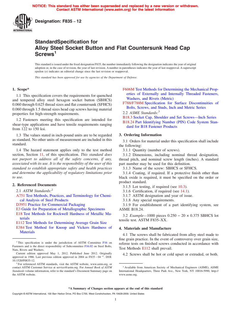 ASTM F835-12 - Standard Specification for  Alloy Steel Socket Button and Flat Countersunk Head Cap Screws