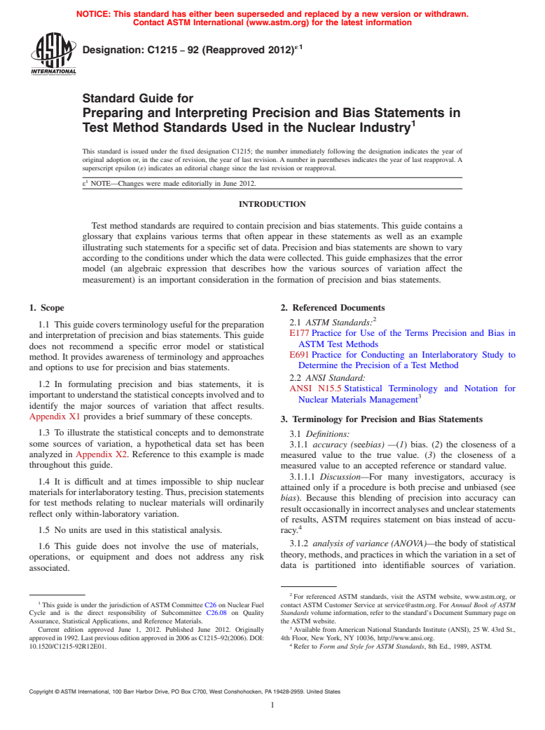 ASTM C1215-92(2012)e1 - Standard Guide for Preparing and Interpreting Precision and Bias Statements in Test Method Standards Used in the Nuclear Industry