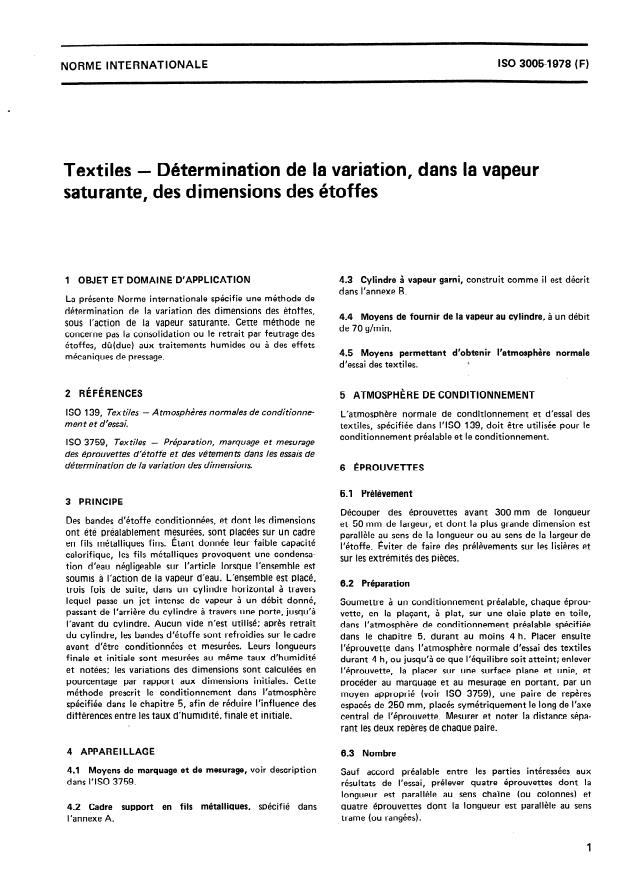 ISO 3005:1978 - Textiles -- Détermination de la variation, dans la vapeur saturante, des dimensions des étoffes