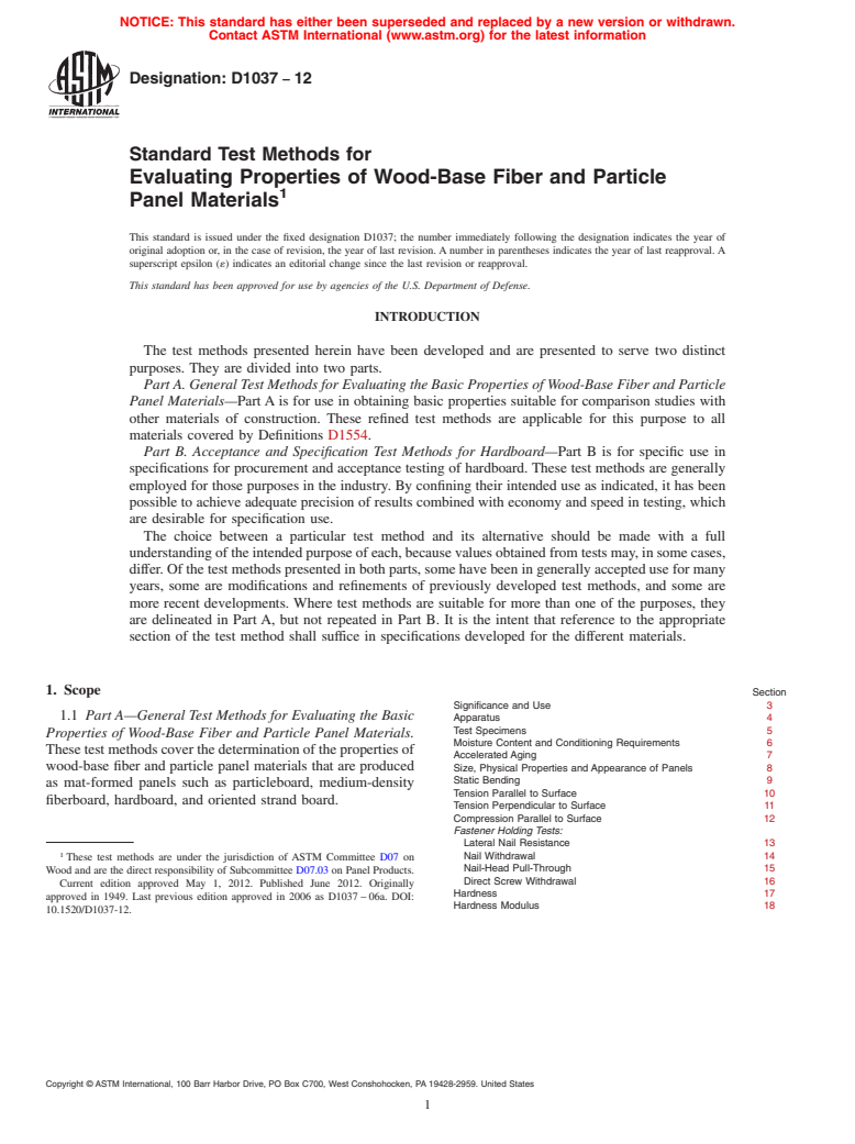 ASTM D1037-12 - Standard Test Methods for Evaluating Properties of Wood-Base Fiber and Particle Panel Materials