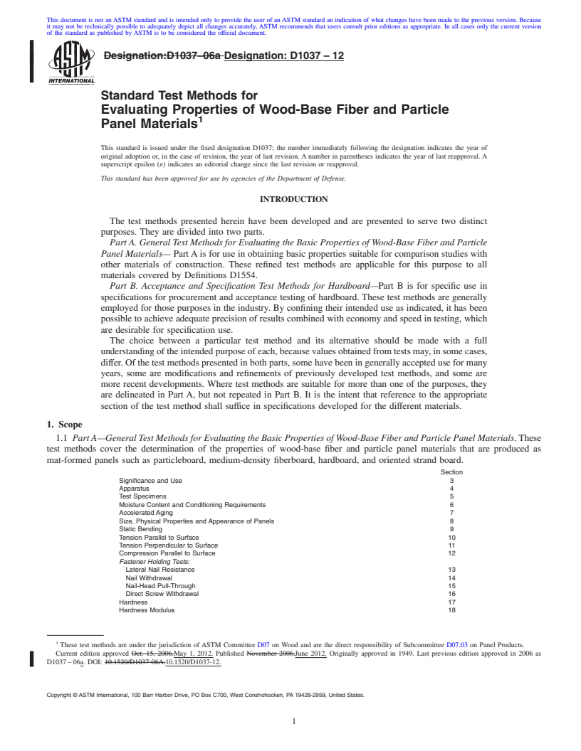 REDLINE ASTM D1037-12 - Standard Test Methods for Evaluating Properties of Wood-Base Fiber and Particle Panel Materials