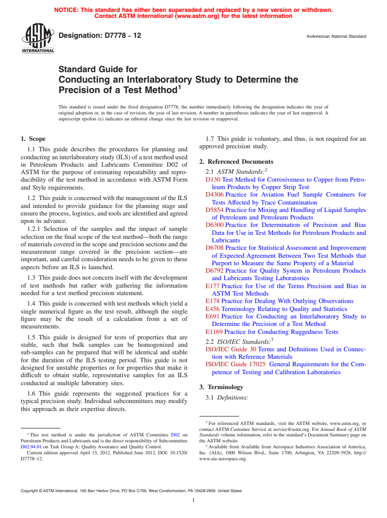 ASTM D7778-12 - Standard Guide for Conducting an Interlaboratory Study to Determine the Precision  of a Test Method