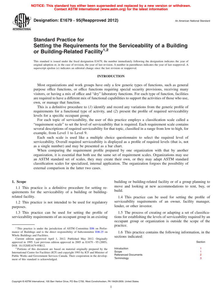 ASTM E1679-95(2012) - Standard Practice for  Setting the Requirements for the Serviceability of a Building or Building-Related Facility