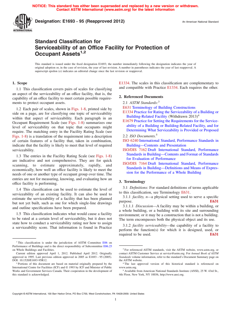 ASTM E1693-95(2012) - Standard Classification for  Serviceability of an Office Facility for Protection of Occupant Assets