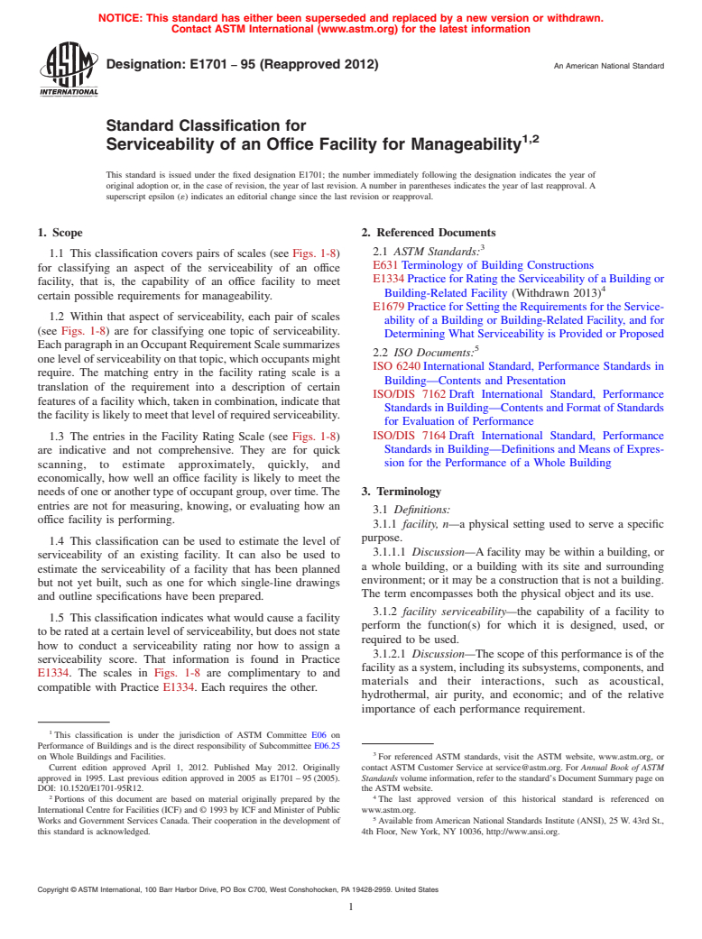 ASTM E1701-95(2012) - Standard Classification for Serviceability of an Office Facility for Manageability