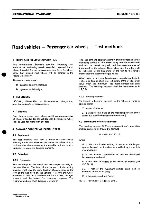 ISO 3006:1976 - Road vehicles -- Passenger car wheels -- Test method