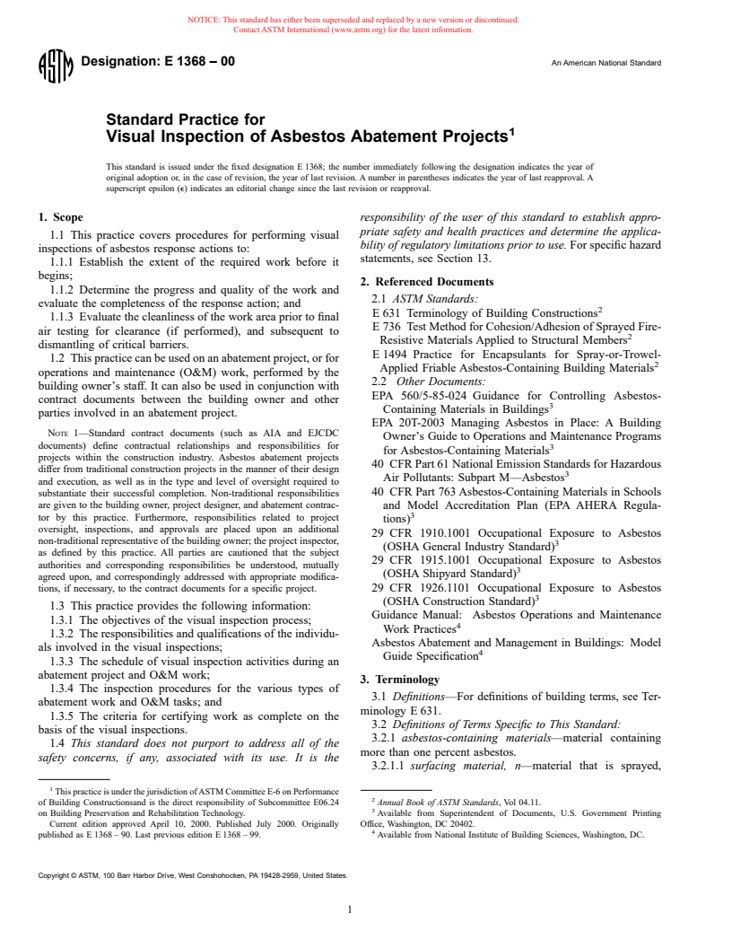 ASTM E1368-00 - Standard Practice for Visual Inspection of Asbestos Abatement Projects