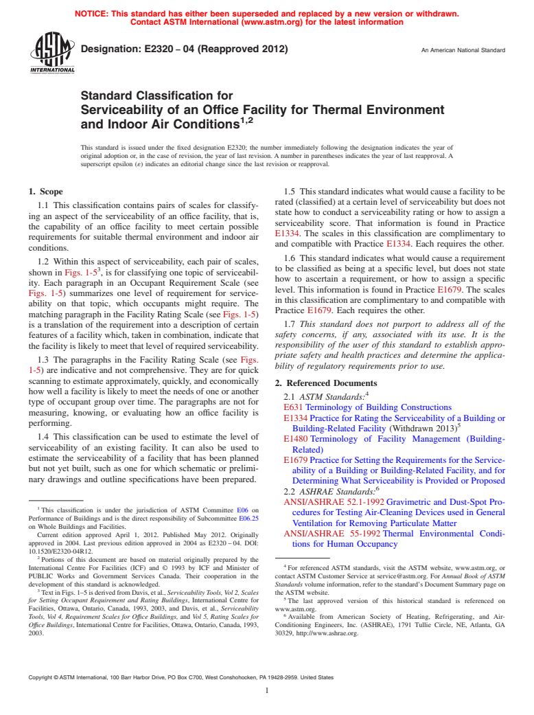 ASTM E2320-04(2012) - Standard Classification for Serviceability of an Office Facility for Thermal Environment and Indoor Air Conditions