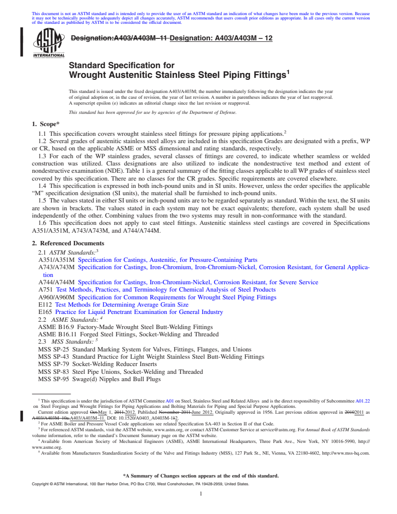 REDLINE ASTM A403/A403M-12 - Standard Specification for  Wrought Austenitic Stainless Steel Piping Fittings