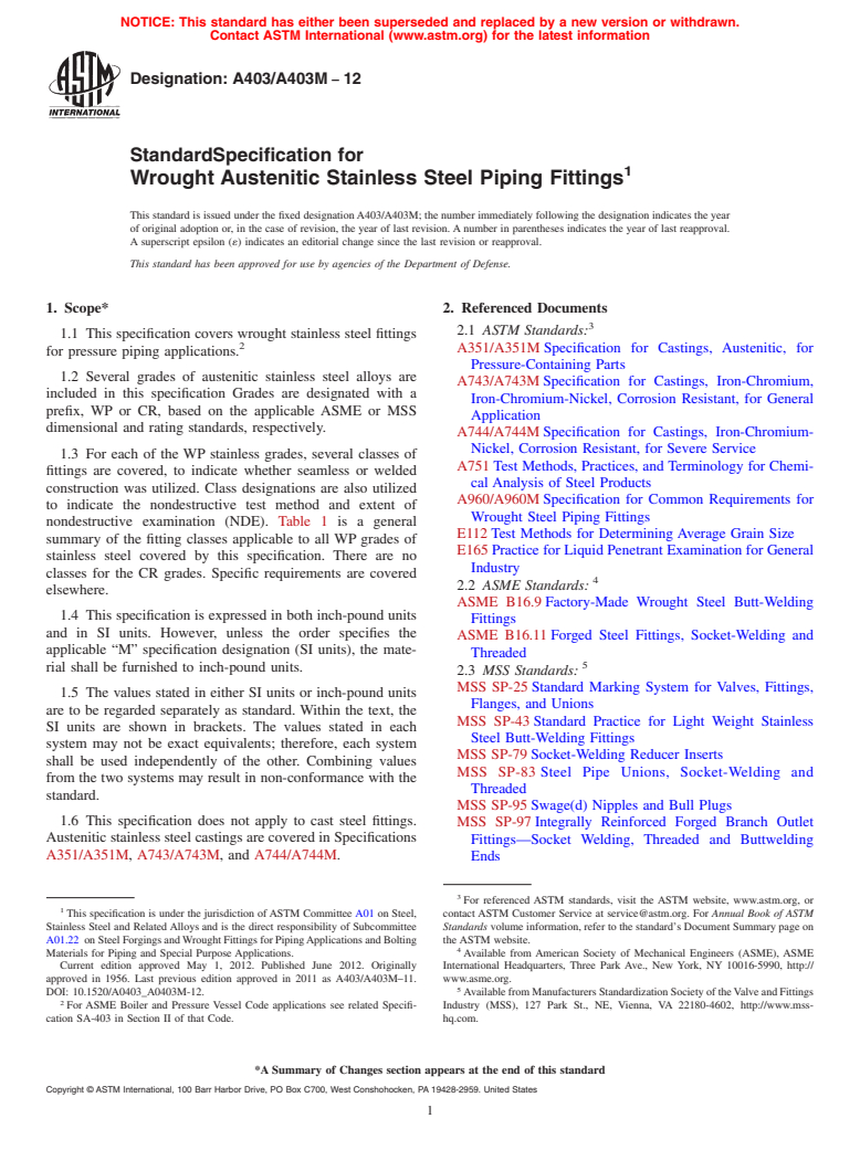 ASTM A403/A403M-12 - Standard Specification for  Wrought Austenitic Stainless Steel Piping Fittings