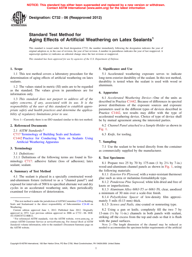 ASTM C732-06(2012) - Standard Test Method for  Aging Effects of Artificial Weathering on Latex Sealants