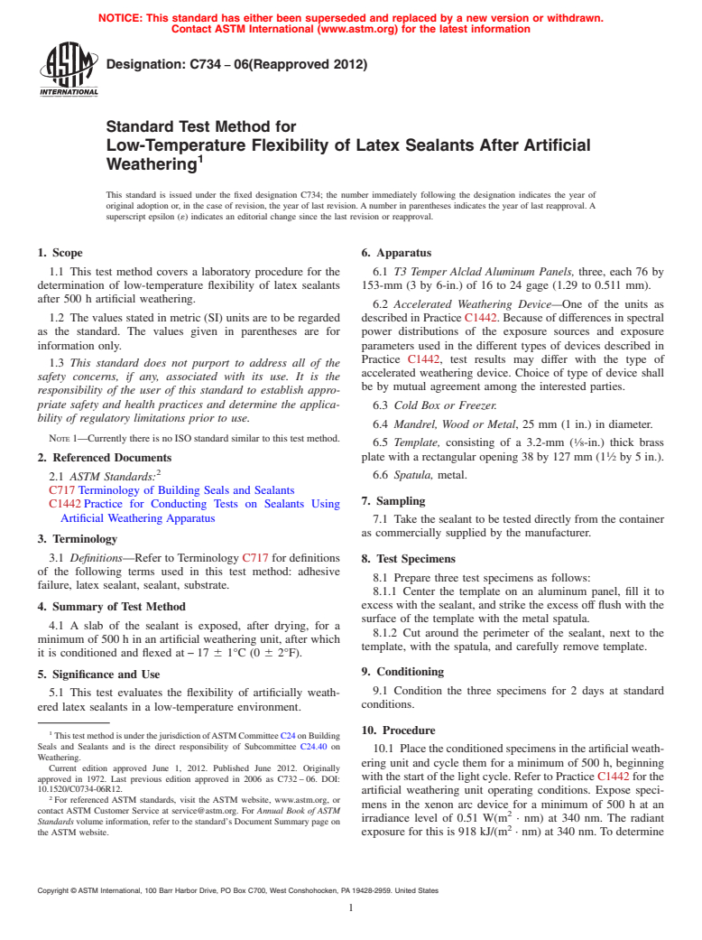 ASTM C734-06(2012) - Standard Test Method for  Low-Temperature Flexibility of Latex Sealants After Artificial Weathering