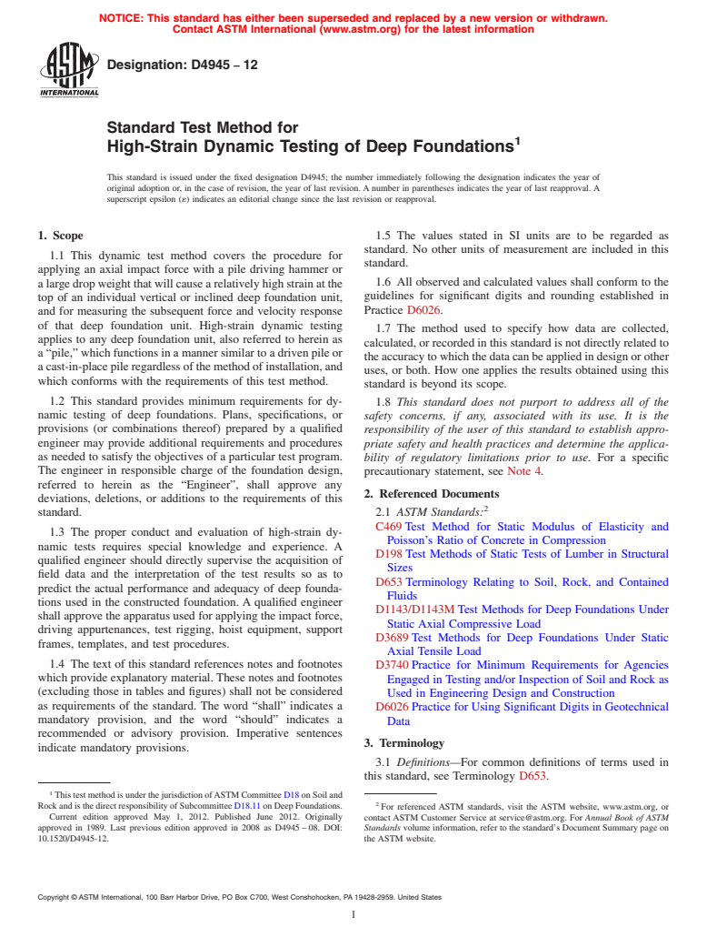 ASTM D4945-12 - Standard Test Method for High-Strain Dynamic Testing of Deep Foundations