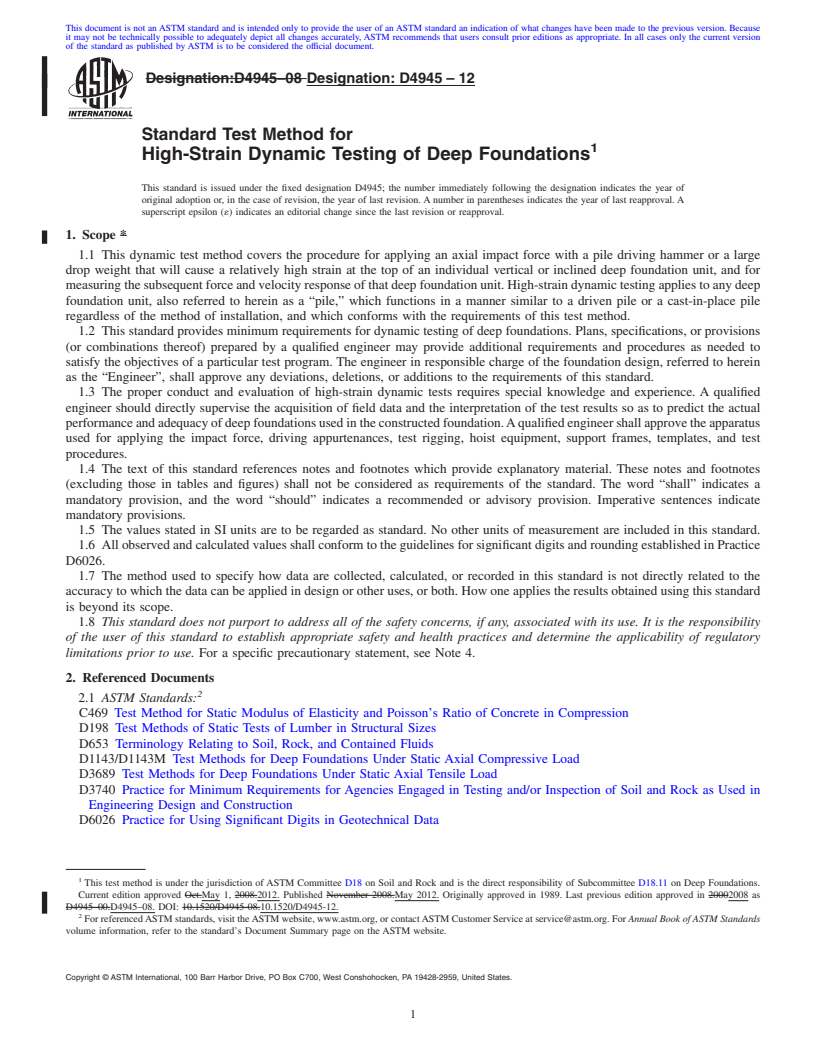 REDLINE ASTM D4945-12 - Standard Test Method for High-Strain Dynamic Testing of Deep Foundations