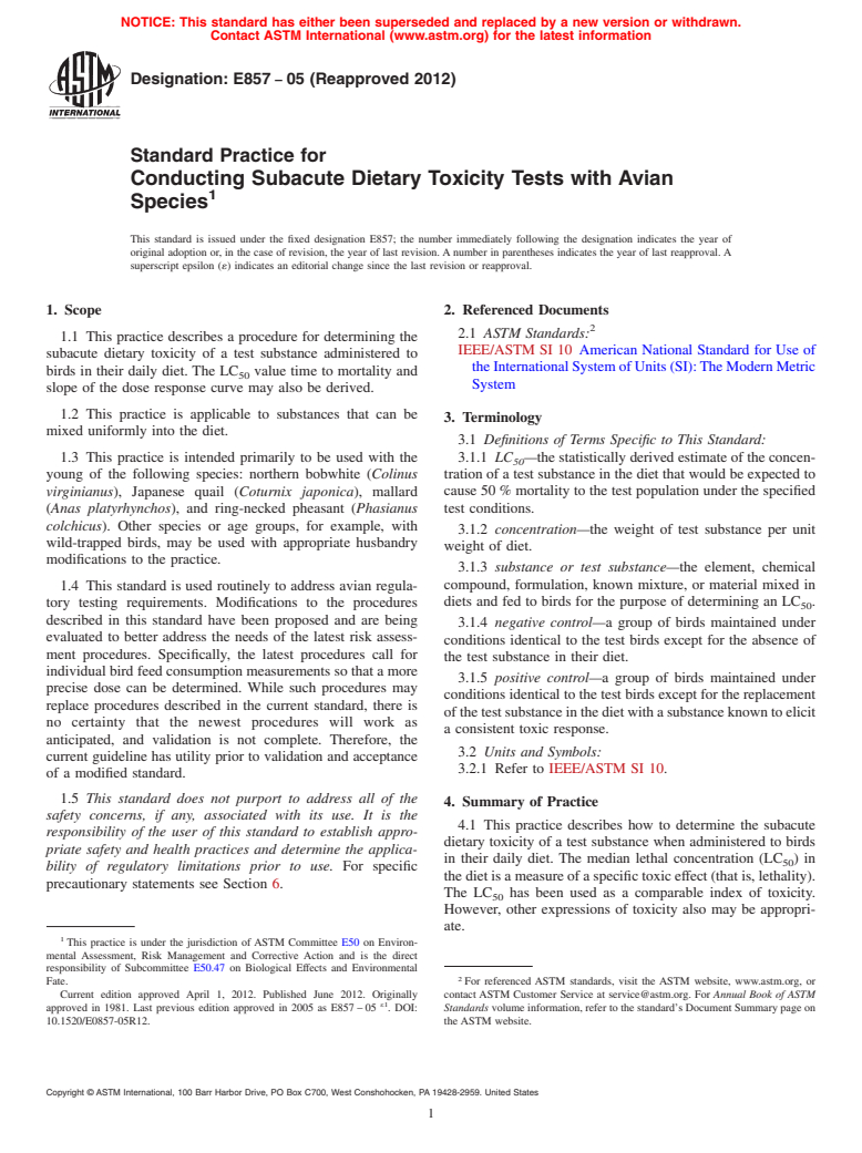 ASTM E857-05(2012) - Standard Practice for  Conducting Subacute Dietary Toxicity Tests with Avian Species