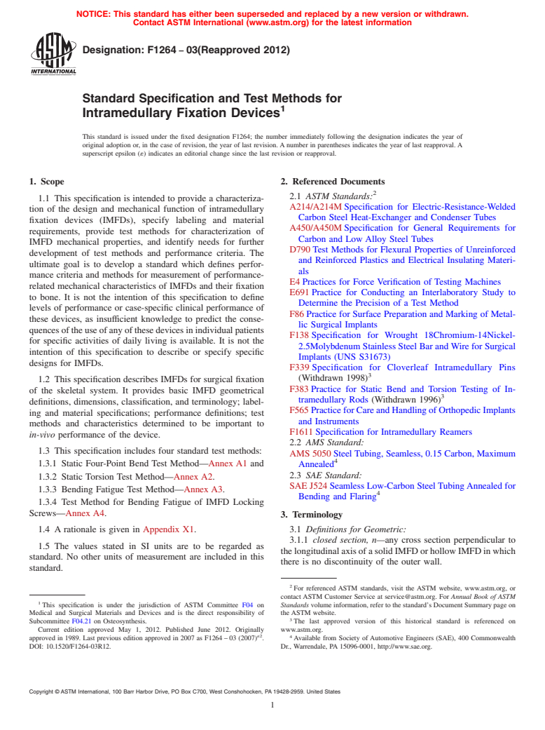 ASTM F1264-03(2012) - Standard Specification and Test Methods for Intramedullary Fixation Devices