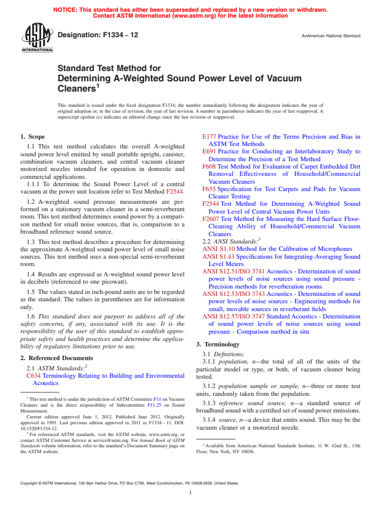 ASTM F1334-12 - Standard Test Method for  Determining A-Weighted Sound Power Level of Vacuum Cleaners