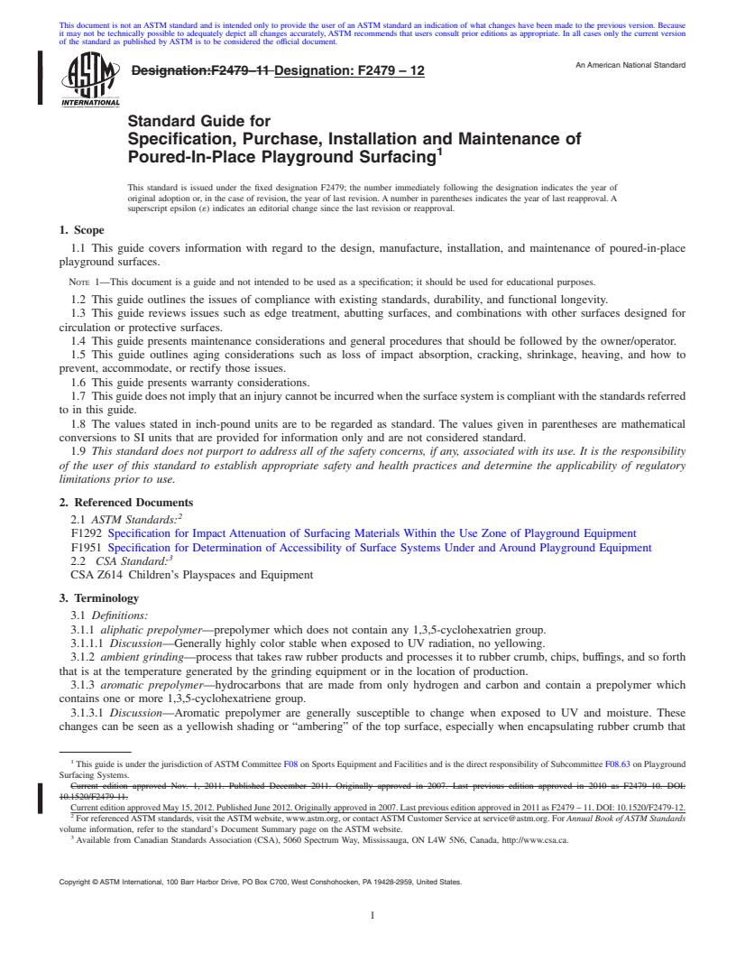 REDLINE ASTM F2479-12 - Standard Guide for Specification, Purchase, Installation and Maintenance of Poured-In-Place Playground Surfacing