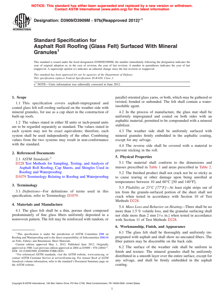 ASTM D3909/D3909M-97b(2012)e1 - Standard Specification for  Asphalt Roll Roofing (Glass Felt) Surfaced With Mineral Granules