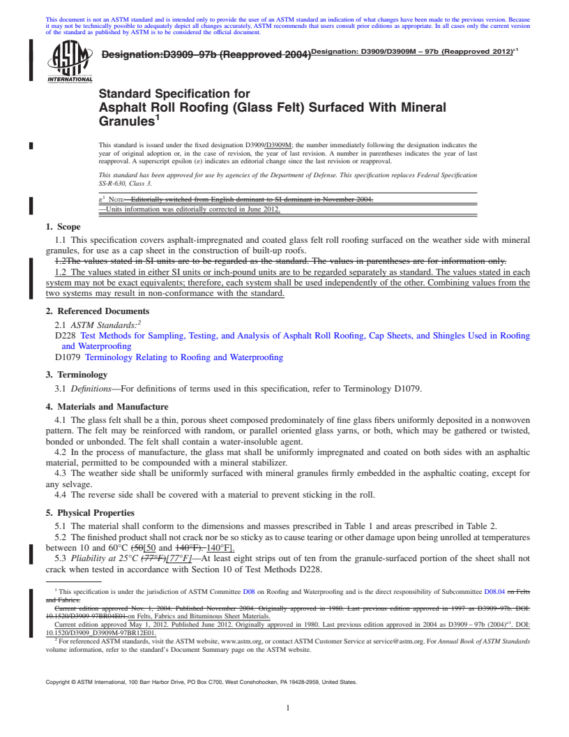 REDLINE ASTM D3909/D3909M-97b(2012)e1 - Standard Specification for  Asphalt Roll Roofing (Glass Felt) Surfaced With Mineral Granules