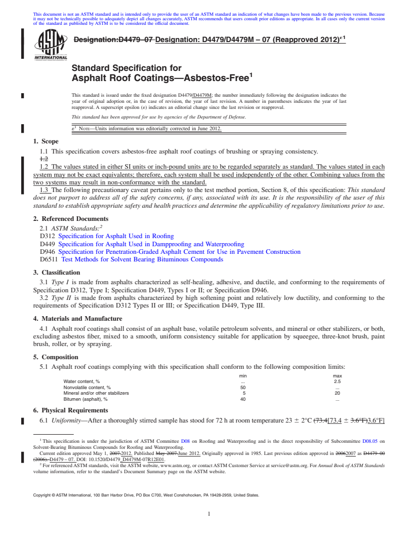 REDLINE ASTM D4479/D4479M-07(2012)e1 - Standard Specification for Asphalt Roof Coatings<char: emdash>Asbestos-Free