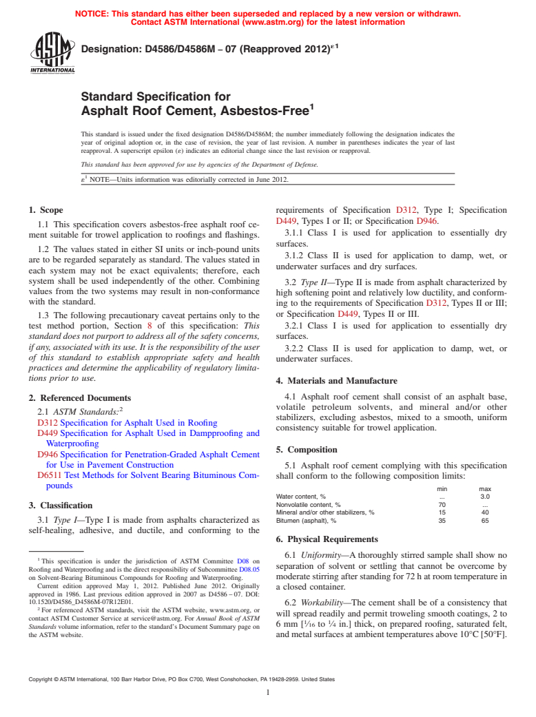 ASTM D4586/D4586M-07(2012)e1 - Standard Specification for Asphalt Roof Cement, Asbestos-Free