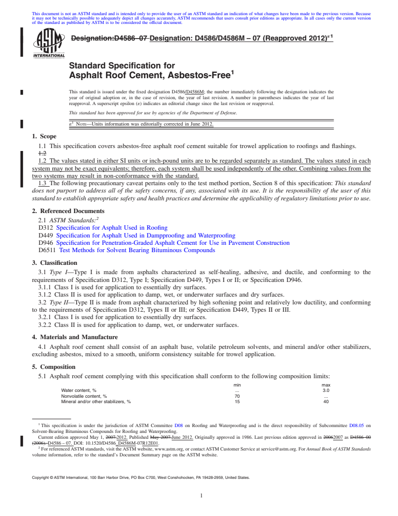 REDLINE ASTM D4586/D4586M-07(2012)e1 - Standard Specification for Asphalt Roof Cement, Asbestos-Free