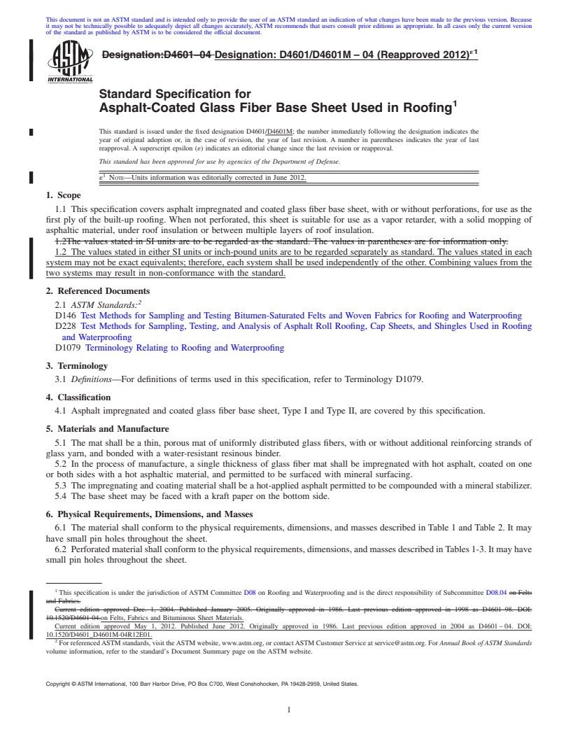 REDLINE ASTM D4601/D4601M-04(2012)e1 - Standard Specification for Asphalt-Coated Glass Fiber Base Sheet Used in Roofing