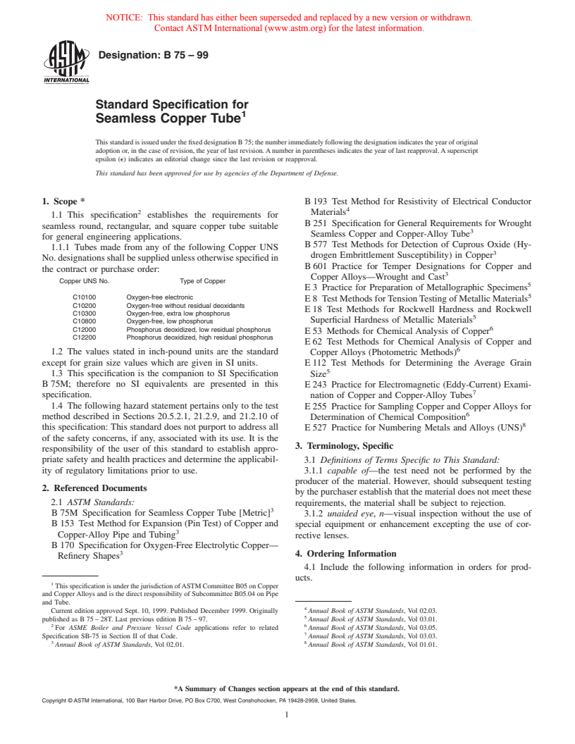 ASTM B75-99 - Standard Specification for Seamless Copper Tube