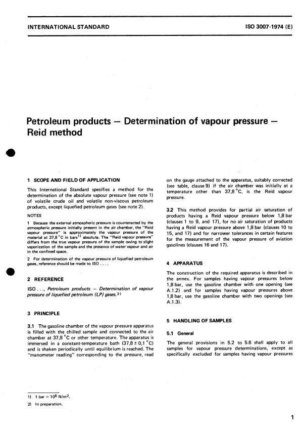 ISO 3007:1974 - Petroleum products -- Determination of vapour pressure -- Reid method