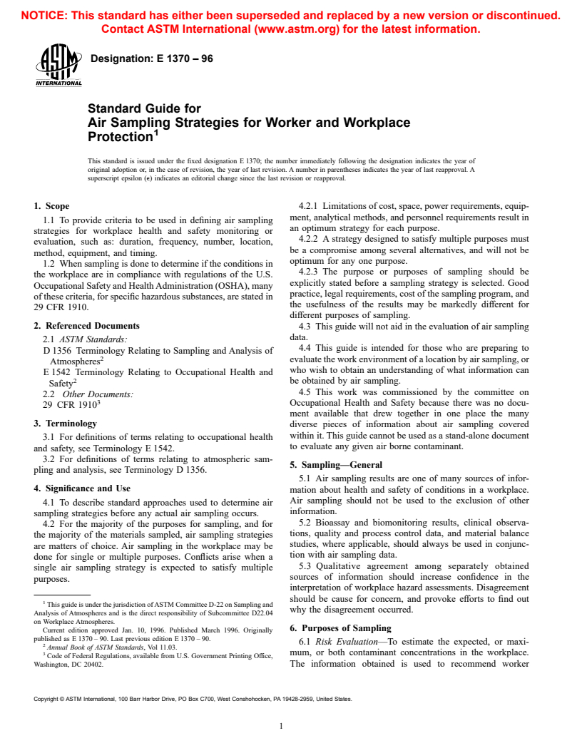 ASTM E1370-96 - Standard Guide for Air Sampling Strategies for Worker and Workplace Protection