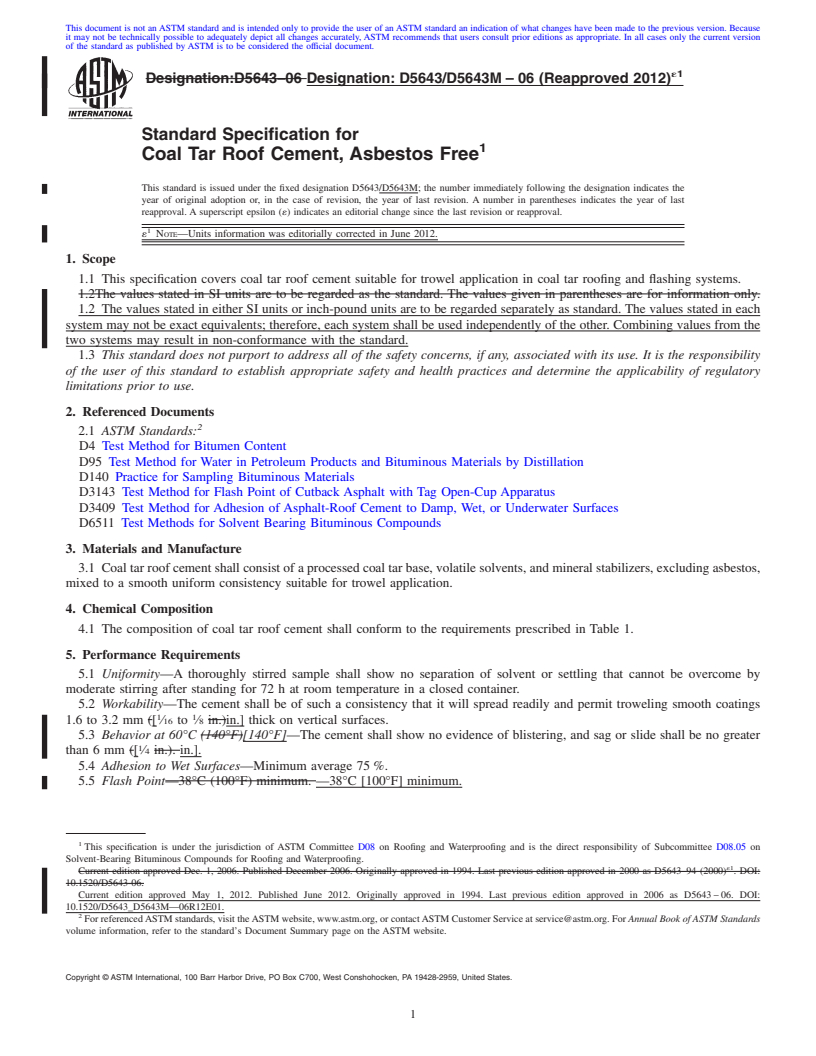 REDLINE ASTM D5643/D5643M-06(2012)e1 - Standard Specification for Coal Tar Roof Cement, Asbestos Free
