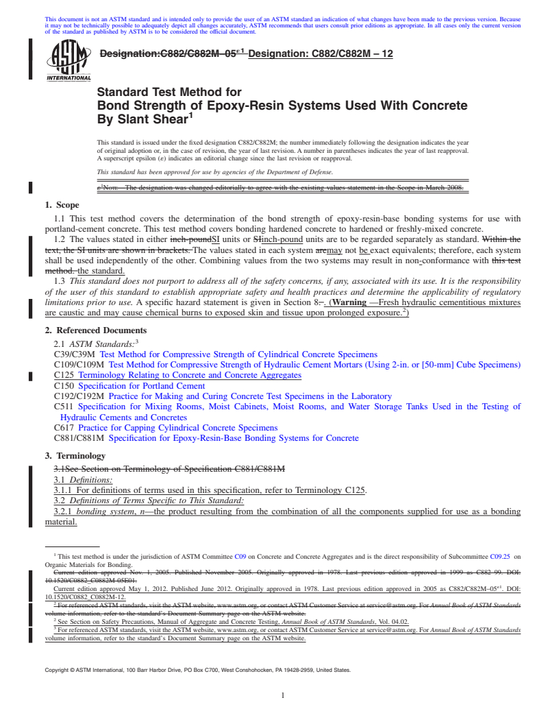 REDLINE ASTM C882/C882M-12 - Standard Test Method for Bond Strength of Epoxy-Resin Systems Used With Concrete By Slant Shear