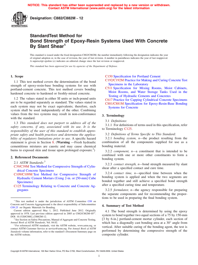 ASTM C882/C882M-12 - Standard Test Method for Bond Strength of Epoxy-Resin Systems Used With Concrete By Slant Shear